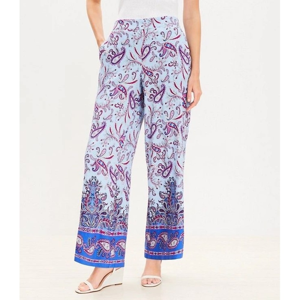 LOFT Blue Paisley Linen Blend Wide Leg Pants High Rise Border Print NWT Small‎
